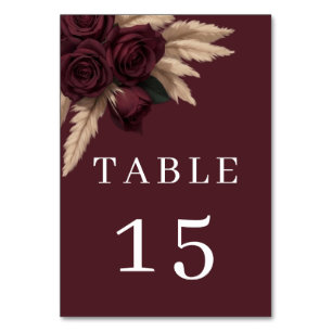 Moody Burgundy Rose Pampas Grass Table Number Card