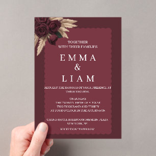 Moody Burgundy Rose Pampas Grass Wedding Acrylic Invitations