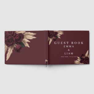 Moody Burgundy Rose Pampas Grass Wedding Guest  Book