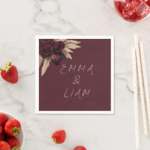 Moody Burgundy Rose Pampas Grass Wedding Napkins