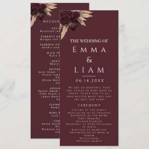 Moody Burgundy Rose Pampas Grass Wedding Program