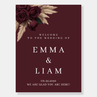 Moody Burgundy Rose Pampas Grass Wedding Welcome  Foam Board