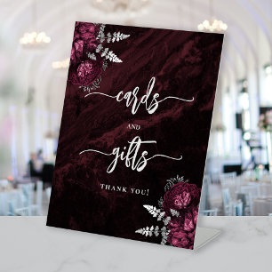 Moody Burgundy Silver Floral Wedding Cards Gifts Pedestal Sign