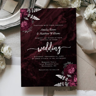 Moody Burgundy Silver Floral Wedding Foil Invitation