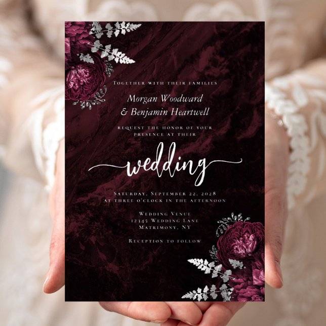 Moody Burgundy Silver Floral Wedding Foil Invitation (Creator Uploaded)