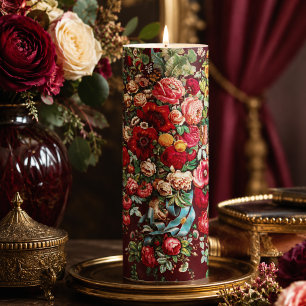Moody Burgundy Vintage Garden Floral Pillar Candle