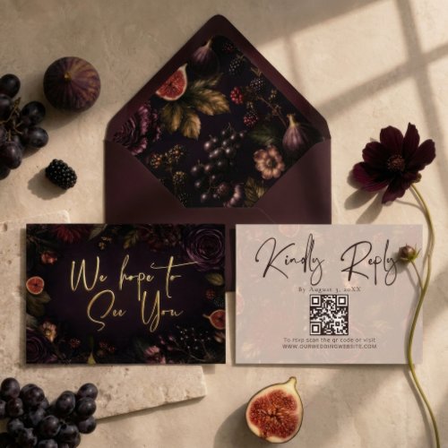 Moody Burgundy Wedding QR Code Foil RSVP Card