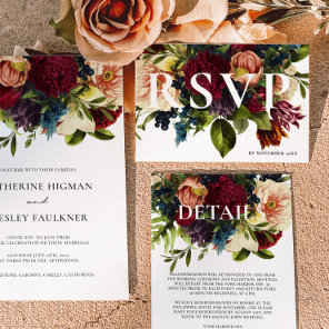 Moody Burgundy Winter Floral Wedding RSVP Card