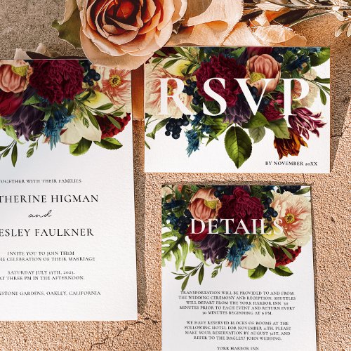 Moody Burgundy Winter Floral Wedding RSVP Card