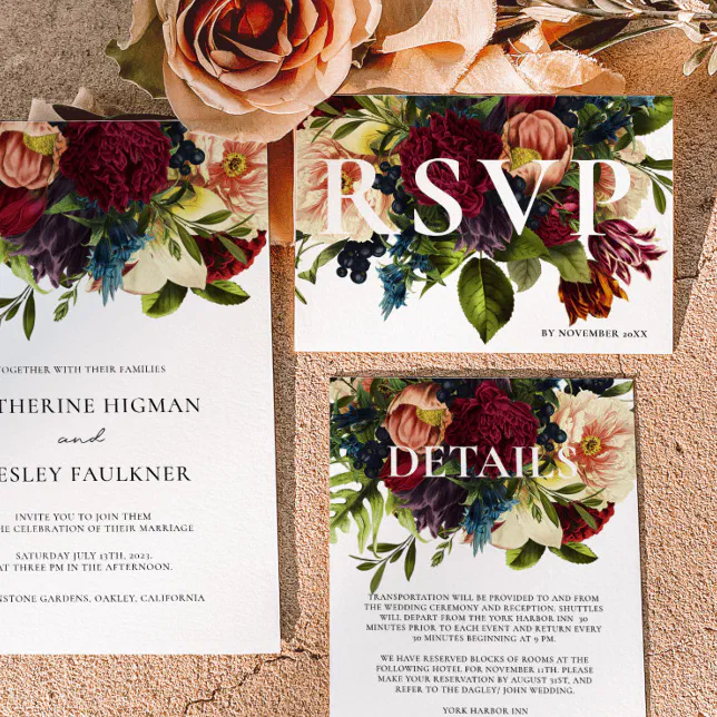 Moody Burgundy Winter Floral Wedding RSVP Card

