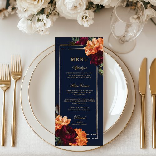 Moody Burnt Orange Burgundy Navy Floral Wedding Menu