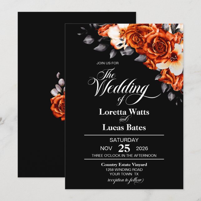 Moody Burnt Orange Rose Floral Black Wedding Invitation (Front/Back)