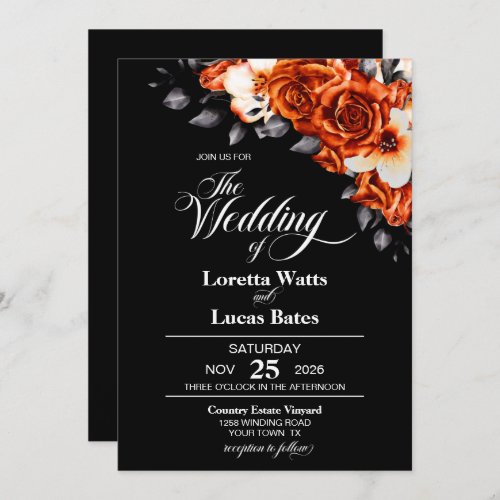 Moody Burnt Orange Rose Floral Black Wedding Invitation