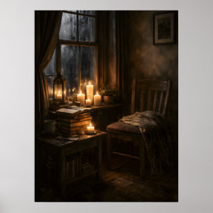 Moody Candlelit Reading Nook Cozy Aesthetic Poster