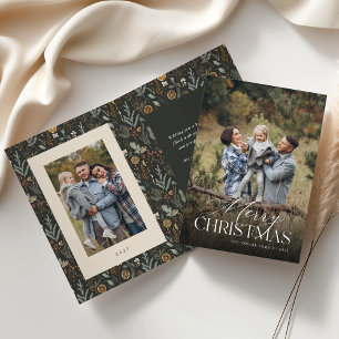 Moody Christmas Botanical Vertical Photo Folded Holiday Card