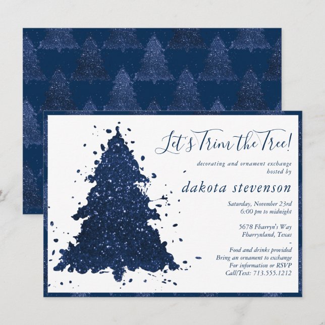 Moody Christmas | Classy Navy Blue Tree Trim Party Holiday Card (Front/Back)