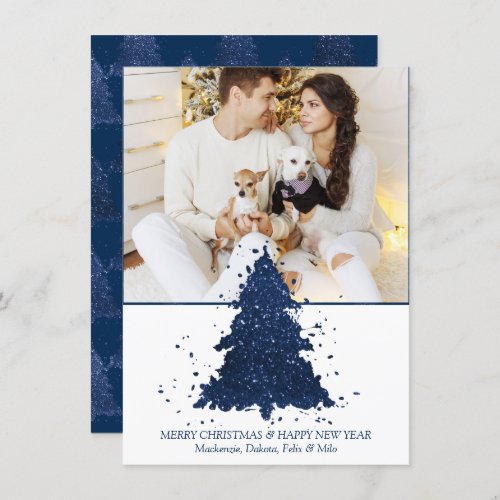 Moody Christmas Tree  Classy Dark Navy Blue Photo Holiday Card