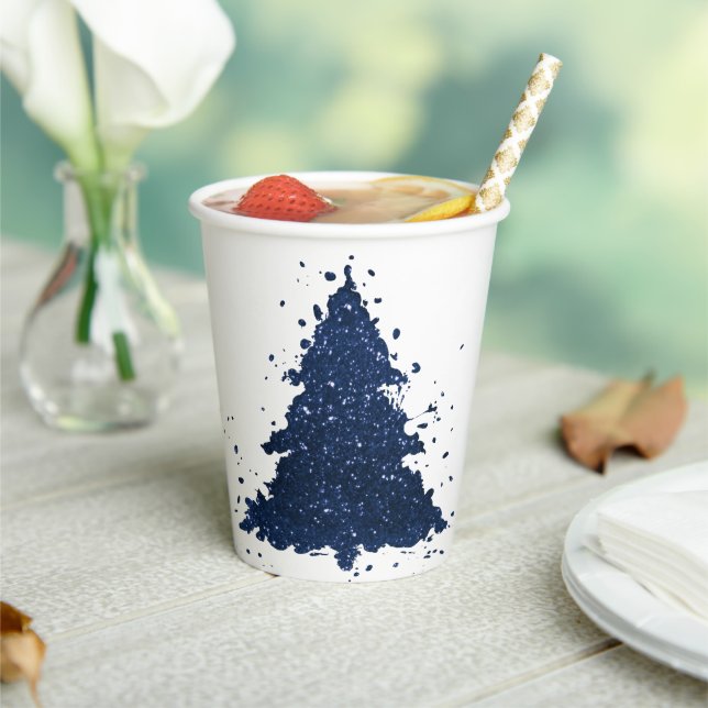 Moody Christmas Tree | Classy Navy Blue Splatter Paper Cups (Insitu)
