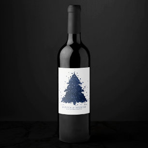Moody Christmas Tree Classy Navy Blue Splatter Wine Label
