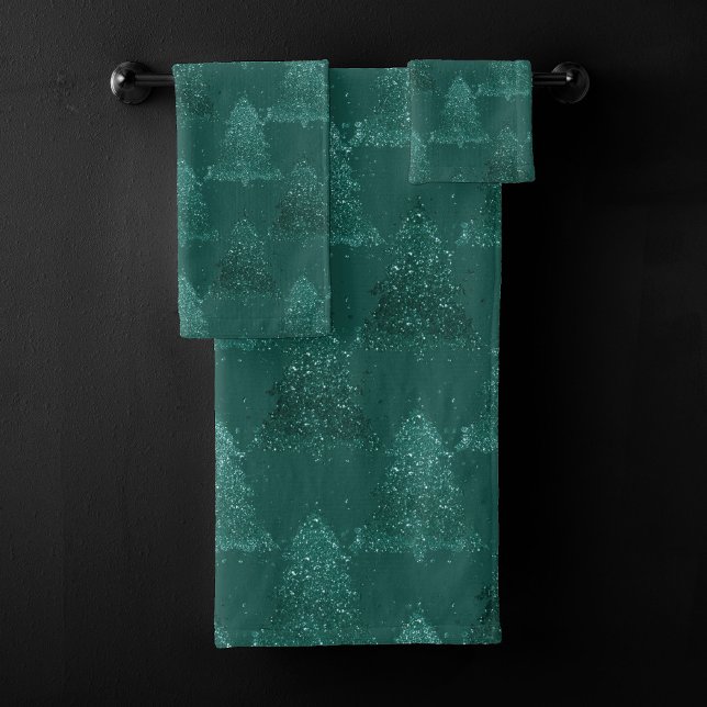 Moody Christmas Tree | Dark Midnight Teal Green Bath Towel Set (Creator Uploaded)
