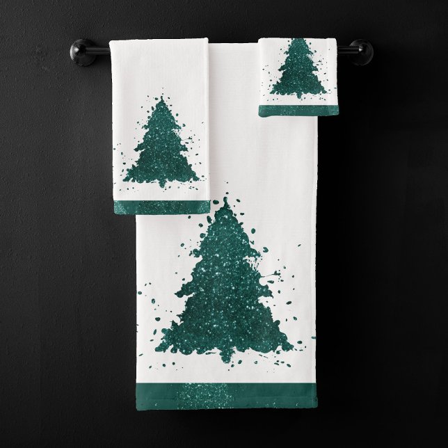 Moody Christmas Tree | Dark Midnight Teal Green Bath Towel Set (Creator Uploaded)