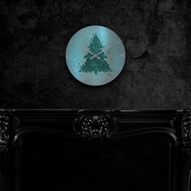 Moody Christmas Tree | Dark Midnight Teal Green Round Clock (Creator Uploaded)