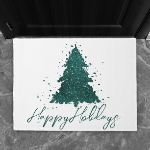 Moody Christmas Tree Dark Midnight Teal Script Doormat