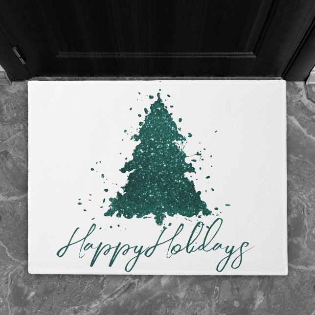 Moody Christmas Tree | Dark Midnight Teal Script Doormat (Creator Uploaded)
