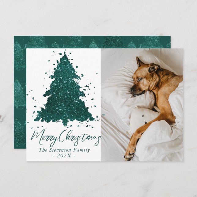 Moody Christmas Tree | Dark Midnight Teal Script Holiday Card (Front/Back)