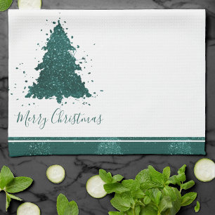 Moody Christmas Tree   Dark Midnight Teal Script Kitchen Towel