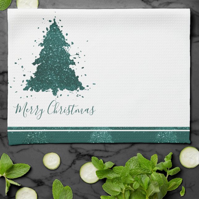 Moody Christmas Tree | Dark Midnight Teal Script Kitchen Towel (Creator Uploaded)