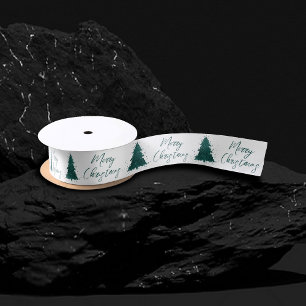Moody Christmas Tree   Dark Midnight Teal Script Satin Ribbon