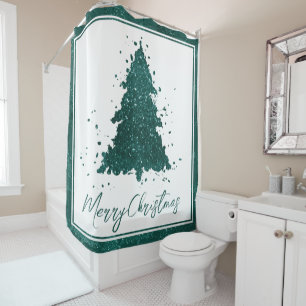 Moody Christmas Tree   Dark Midnight Teal Script Shower Curtain