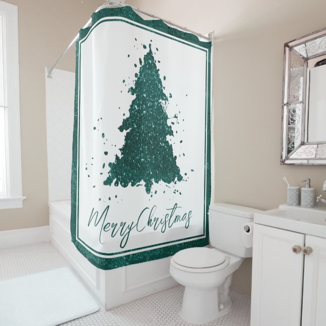 Moody Christmas Tree | Dark Midnight Teal Script Shower Curtain (In Situ)