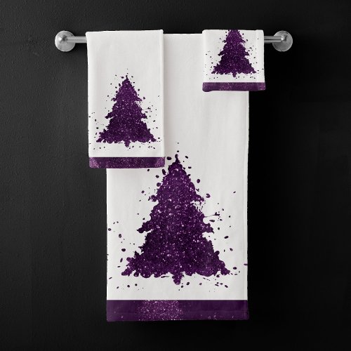 Moody Christmas Tree  Dark Plum Purple Splatter Bath Towel Set