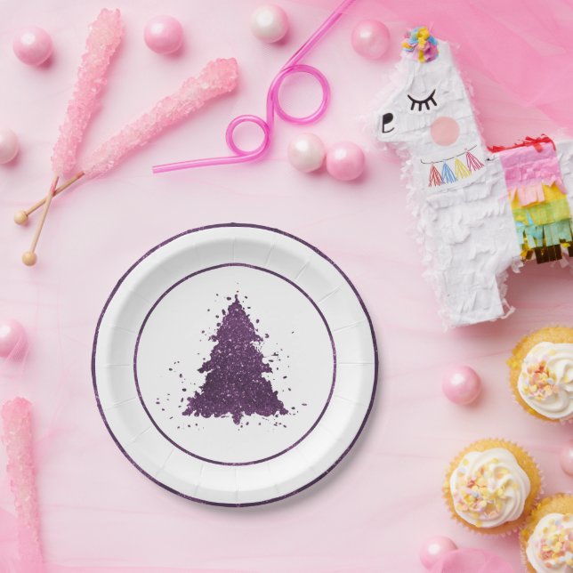 Moody Christmas Tree | Deep Plum Purple Splatter Paper Plates (Party)