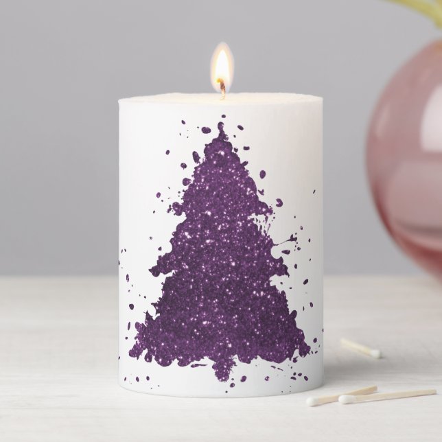 Moody Christmas Tree | Deep Plum Purple Splatter Pillar Candle (In Situ)