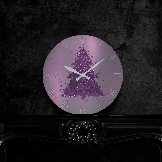 Moody Christmas Tree | Deep Plum Purple Splatter Round Clock (Creator Uploaded)