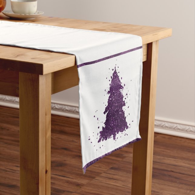 Moody Christmas Tree | Deep Plum Purple Splatter Short Table Runner (In Situ)