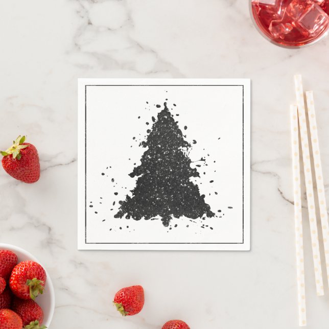 Moody Christmas Tree | Onyx Silvery Black Splatter Napkins (Insitu)