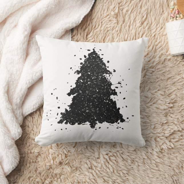 Moody Christmas Tree | Onyx Silvery Black Splatter Throw Pillow (Blanket)