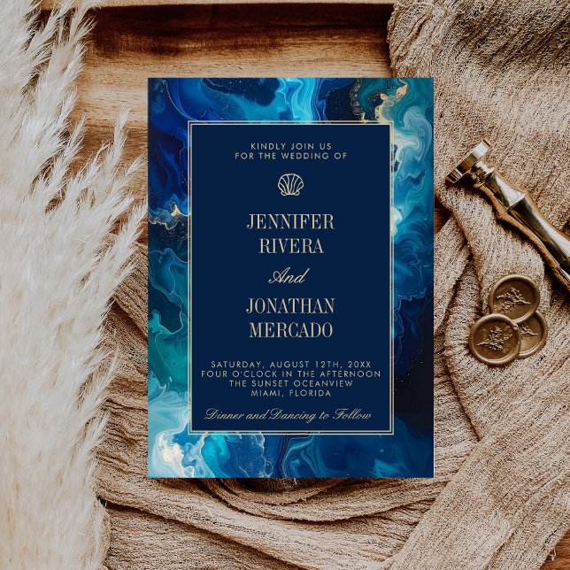 Moody Coastal Ocean Blue Elegant Beach Wedding Invitation (Creator Uploaded)