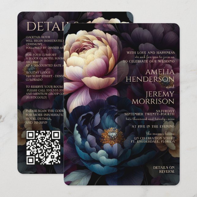 Moody Colorful Floral with QR Code Invitation (Front/Back)