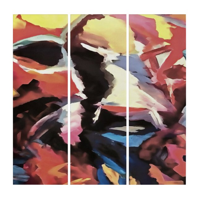 Moody Cow Multicolored Abstract Painting Triptych (Front)