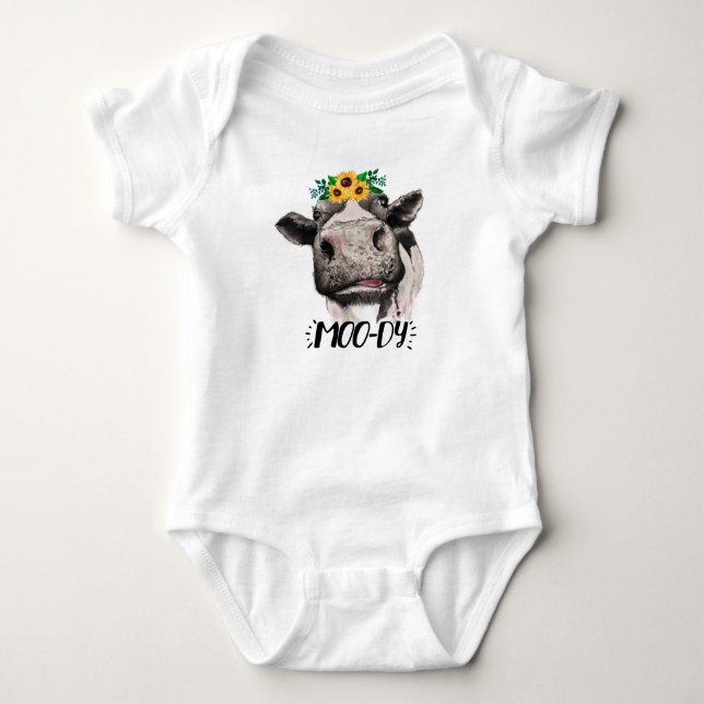 Moody Cow Themed Clothes For Newborn Baby, Cow Baby Bodysuit (Front)