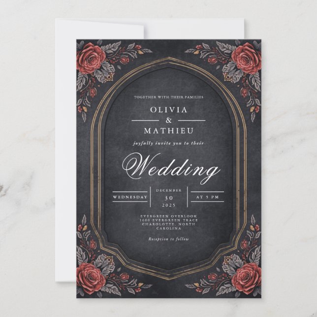Moody Crimson Floral Arch Wedding Invitation (Front)