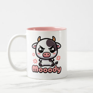 Moody! Cute Angry Cow Pun Cartoon Two-Tone Coffee Mug