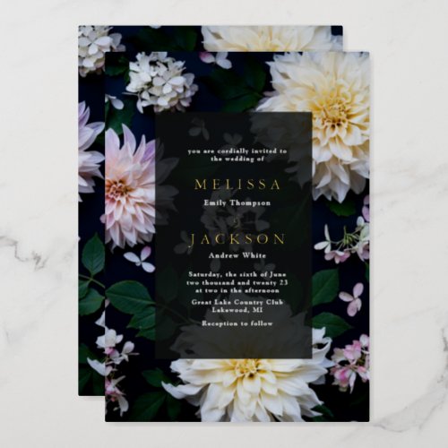 Moody Dahlia Floral Wedding Foil Invitation