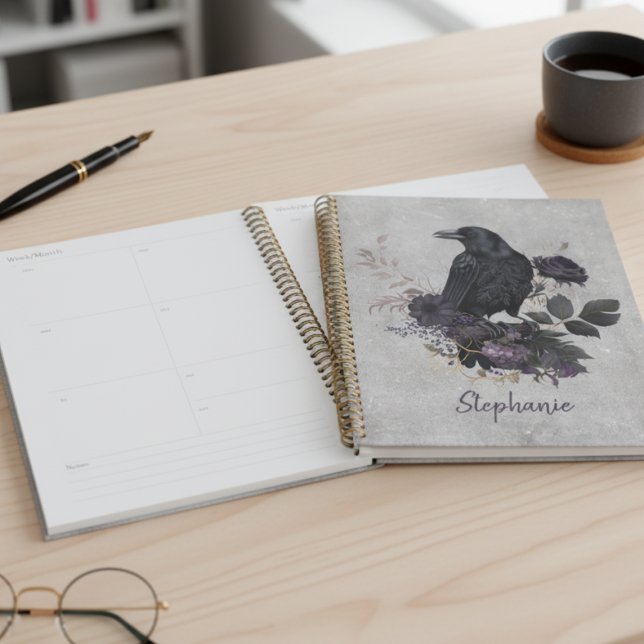 Moody Dark Academia Raven Gothic Planner (Floral black raven daily planner)