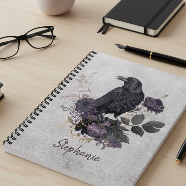 Moody Dark Academia Raven Spiral Notebook (Black raven midnight blooms personalized notebook)